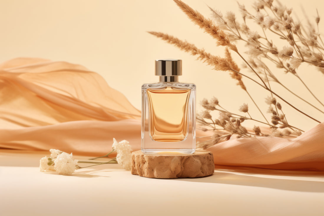 One of the best perfumes of 2024 and 2025 sitting in front of some flowers.
