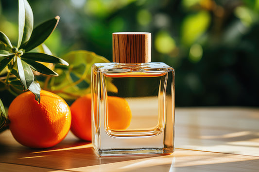An image of a bottle of perfume sits on a table in front of oranges.