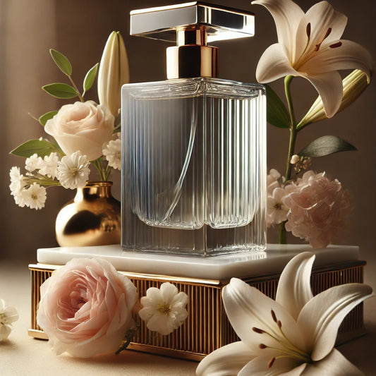 An image of a perfume bottle sits on a shelf surrounded by flowers. 